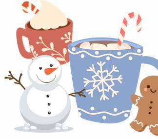 illustrated picture of a coffee mug, gingerbread cookie, and candy cane